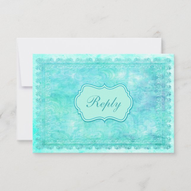Carte de réponse en dentelle florale bleue et vert (Devant)