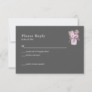 Carte de réponse en pot Mason gris avec des fleurs