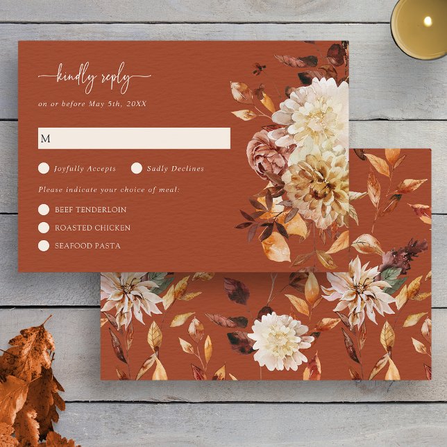 Carte de réponse en terre cuite Feuilles rustiques (Fall Rustic Watercolor Leaves Terracotta RSVP Card by Painted Paperie
)