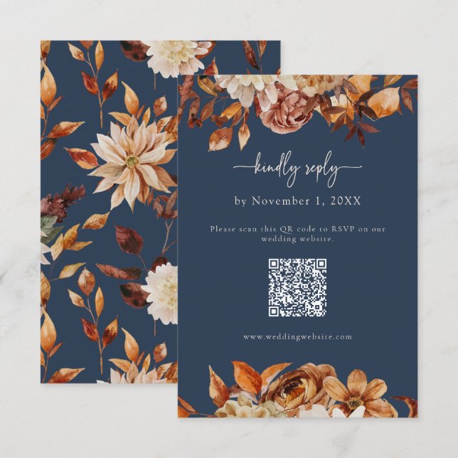 Carte de réponse Feuilles d'automne bleu marine (Devant / Derrière)