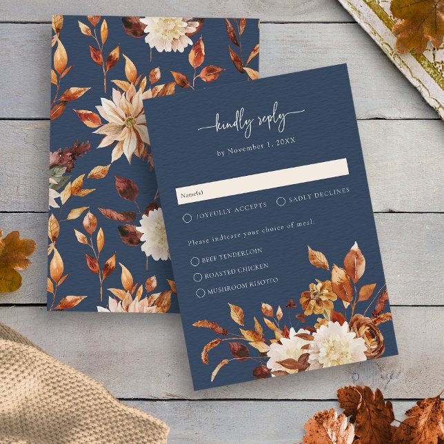 Carte de réponse Feuilles d'automne bleu marine (Navy Blue Fall Leaves Floral Response Card by Painted Paperie
)
