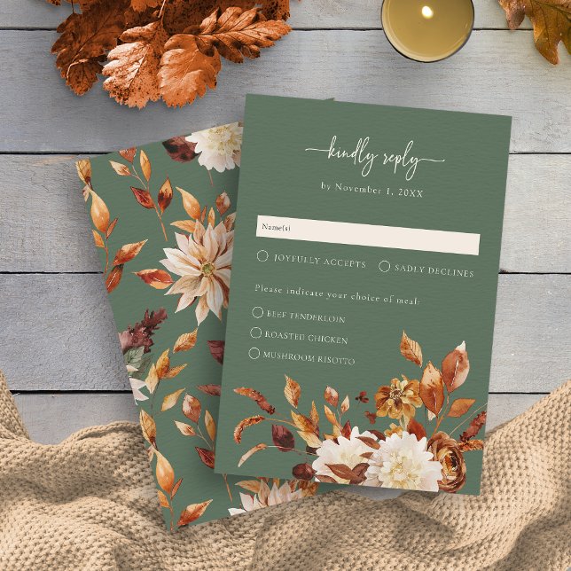 Carte de réponse Feuilles d'automne Vert sauge rus (Rustic Sage Green Autumn Leaves Kindly Reply Response Card by Painted Paperie
)