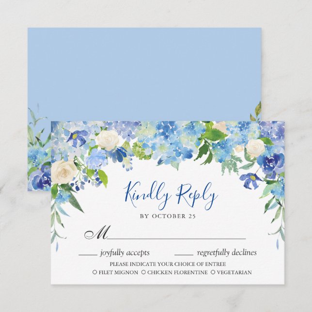Carte de réponse Fleur d'Hydrangea Bleu Clair avec (Devant / Derrière)