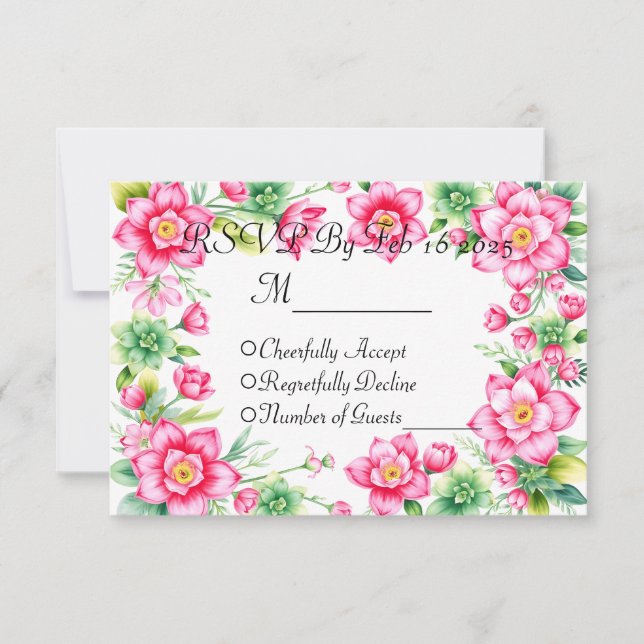 Carte de réponse Fleur Rose sans options de repas (Devant)