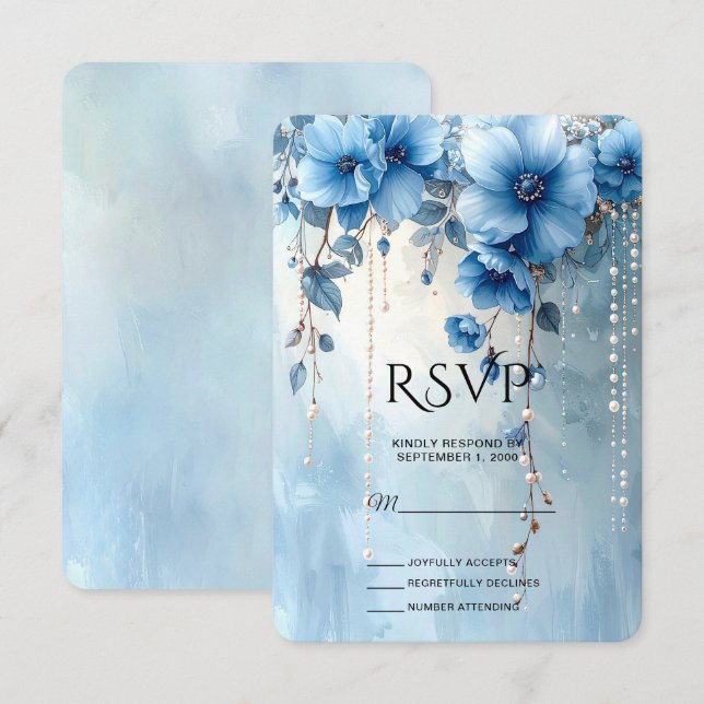 Carte de réponse Fleurs bleues et perles (Devant / Derrière)