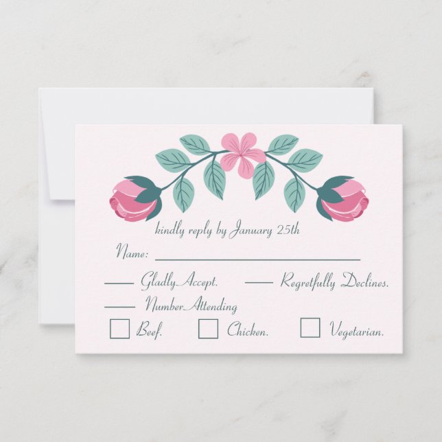 carte de réponse fleurs & feuilles roses RSVP (Devant)