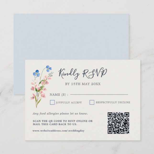 Carte de réponse Fleurs sauvages bleu rose (Devant / Derrière)