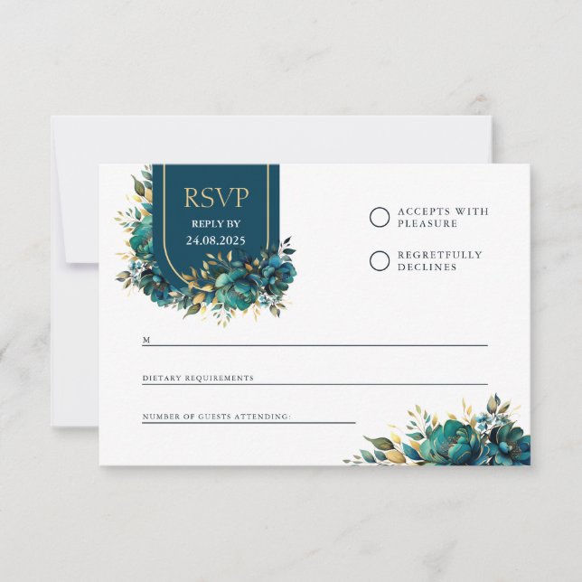 Carte de réponse fleurs turquoise avec accents dor (Devant)