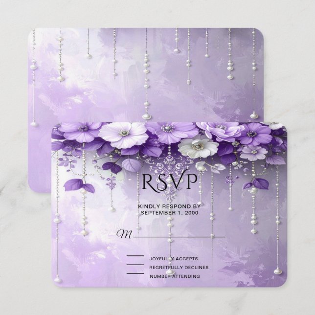 Carte de réponse Fleurs violettes avec perles qui  (Devant / Derrière)