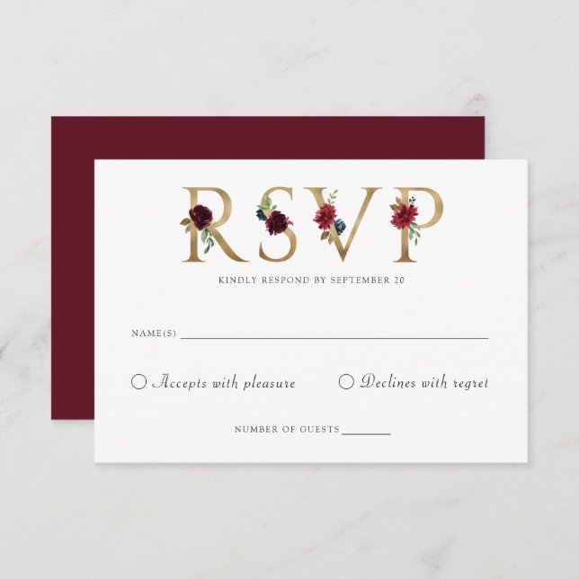Carte de réponse Floral Burgundy Gold RSVP (Devant / Derrière)