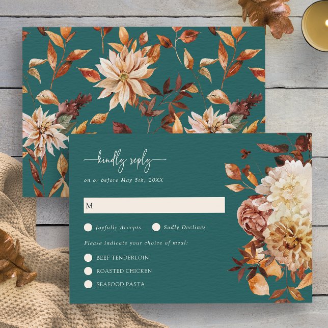 Carte de réponse florale aux feuilles d'automne sa (Rustic Teal Fall Leaves Floral RSVP Card by Painted Paperie
)