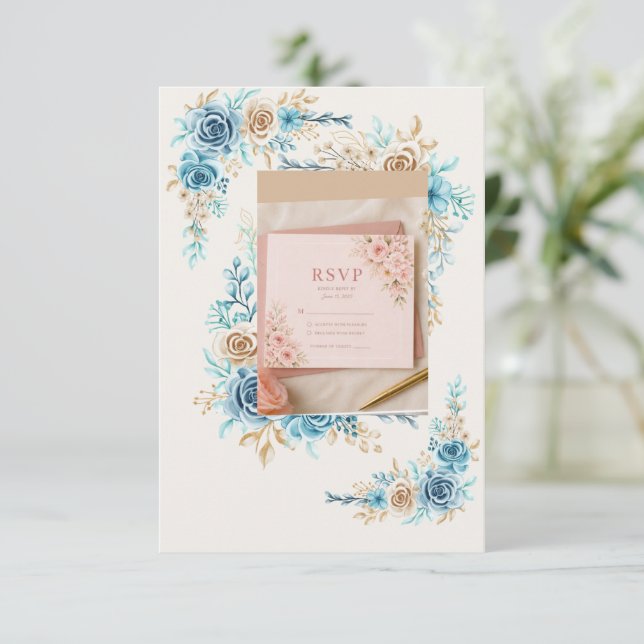Carte de réponse florale bleu ciel élégante pour m (Debout devant)