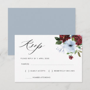 carte de réponse florale bleu poussiéreux et burgu