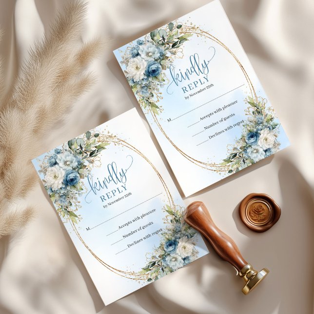 Carte de réponse florale bleue et blanche élégante (Elegant Blue and White Floral RSVP Card)