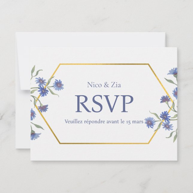 Carte de réponse florale bleue – Mariage géométriq (Devant)