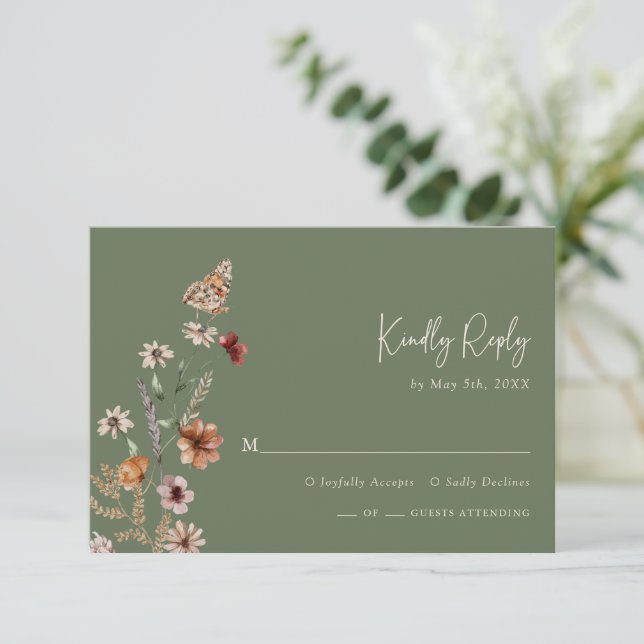 Carte de réponse florale Boho Sage (Debout devant)
