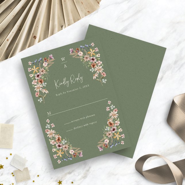 Carte de réponse florale Boho Sage (Watercolor Boho Sage Green Floral RSVP Card by Painted Paperie
)