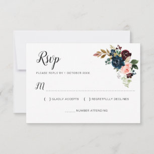 Carte de réponse florale en bleu marine et rose Bo