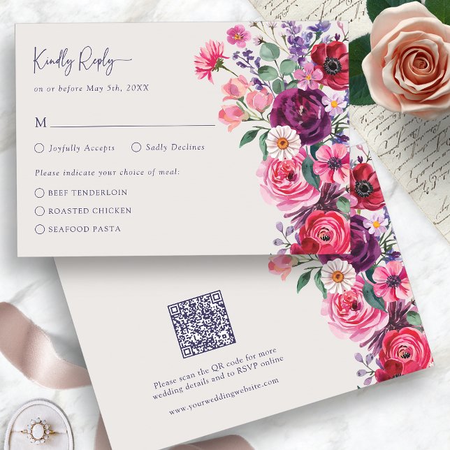 Carte de réponse florale en gras (Bold Jewel Tone Watercolor Floral RSVP Card with QR Code by Painted Paperie
)