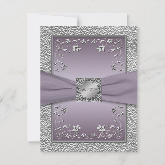 Carte de réponse florale en ruban imprimé prune et (Devant)