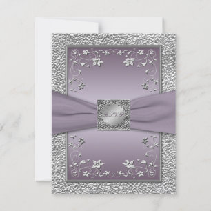 Carte de réponse florale en ruban imprimé prune et