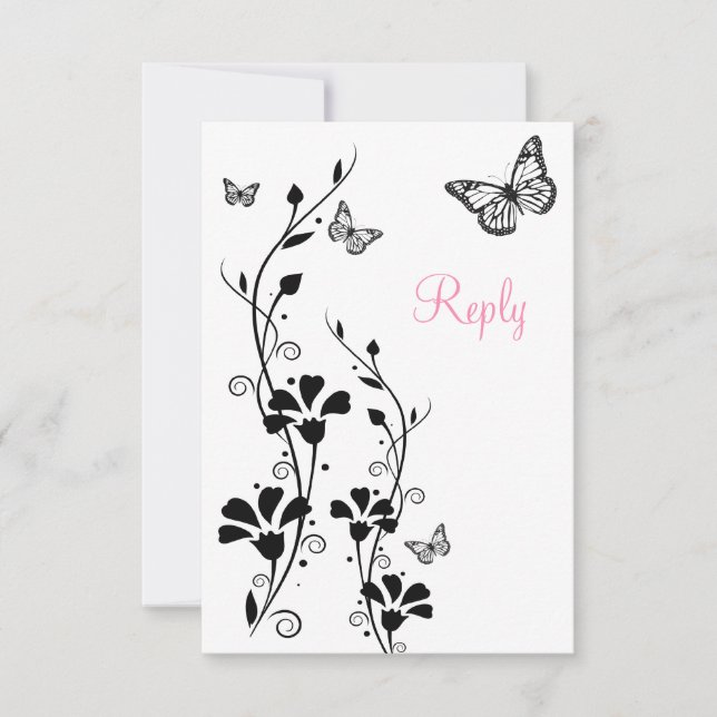 Carte de réponse florale noir et blanc avec papill (Devant)
