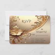 Carte de réponse florale ornée dorée RSVP