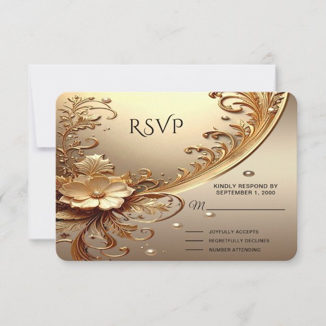 Carte de réponse florale ornée dorée RSVP (Devant)