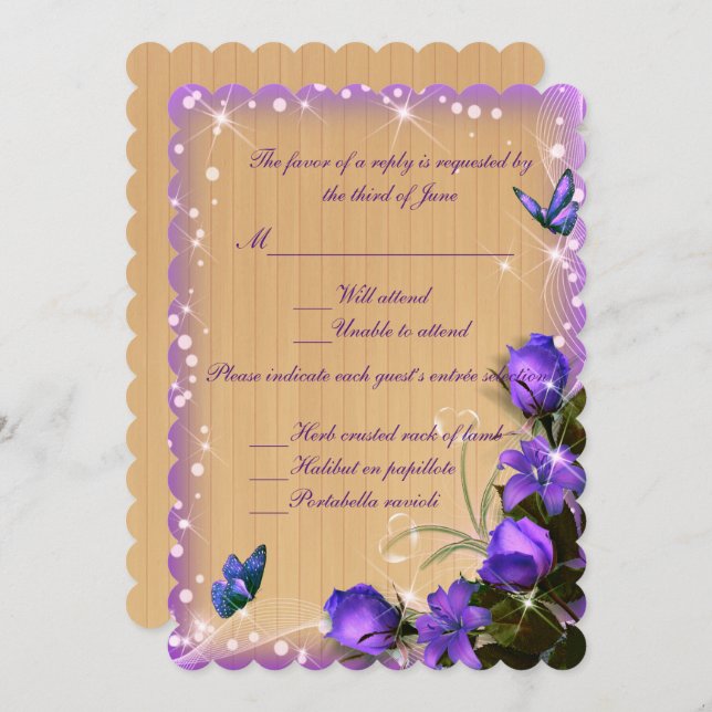 Carte de réponse florale papillon violet en bois r (Devant / Derrière)