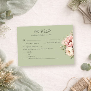 Carte de réponse florale Pivoine Vert Sauge