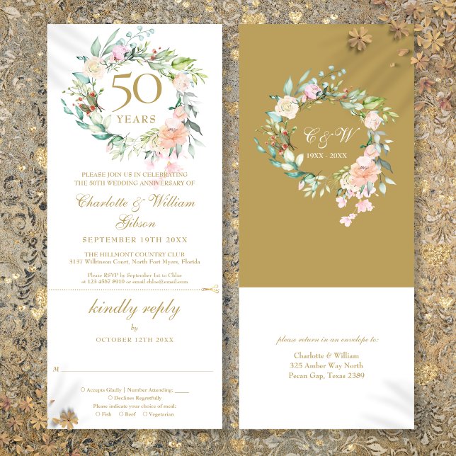 Carte de réponse florale pour les 50 ans de mariag (50th Golden Wedding Anniversary Floral RSVP Invitation)