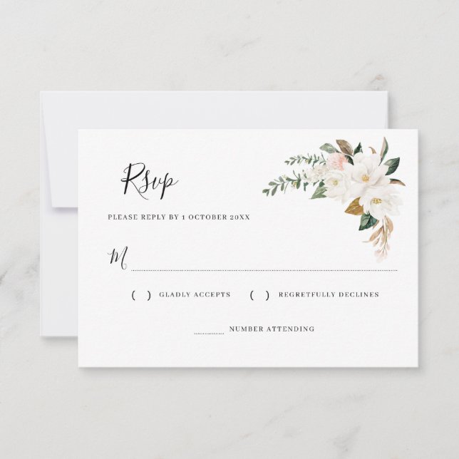 carte de réponse florale rose et magnolia blanc (Devant)