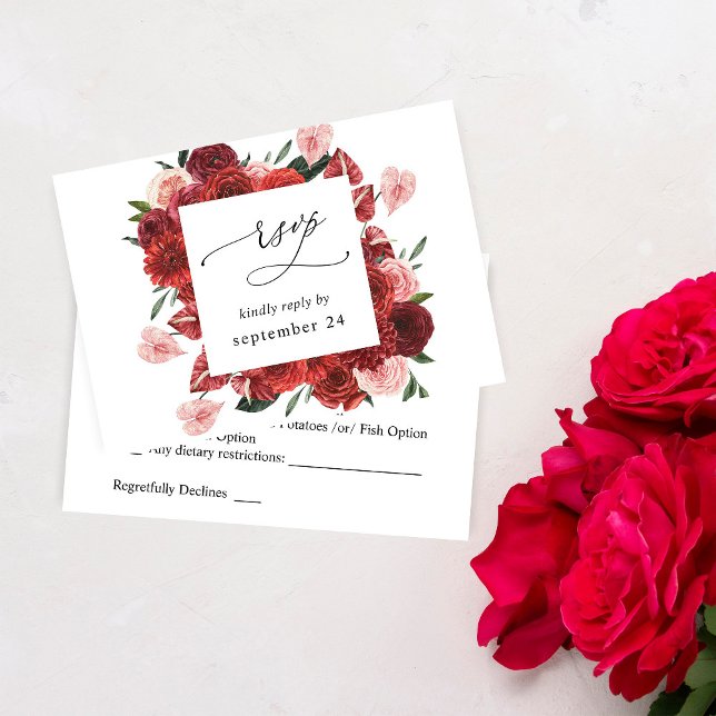 Carte de réponse florale rouge avec choix de repas (Créateur téléchargé)