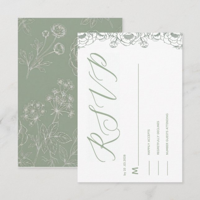 carte de réponse florale vert sauge, réponse aimab (Devant / Derrière)