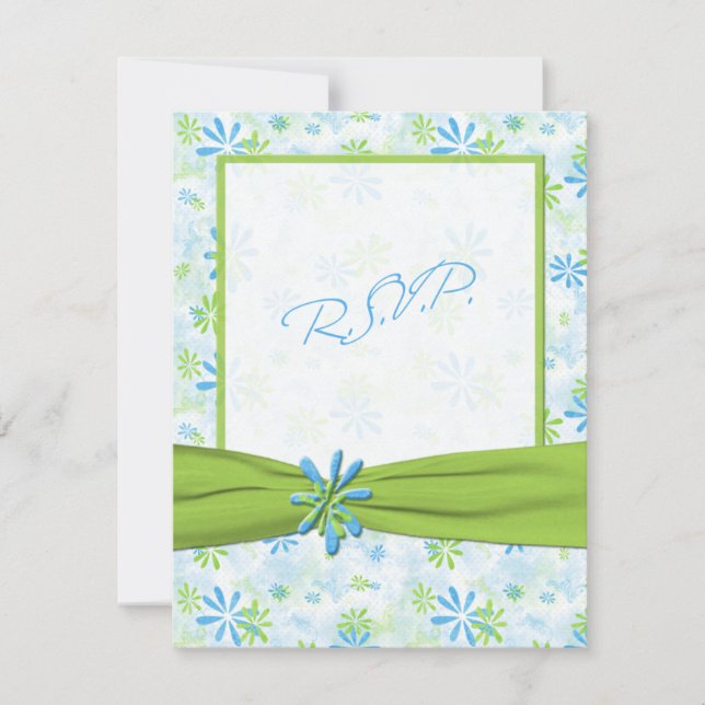 Carte de réponse florale verte citron et bleue (Devant)