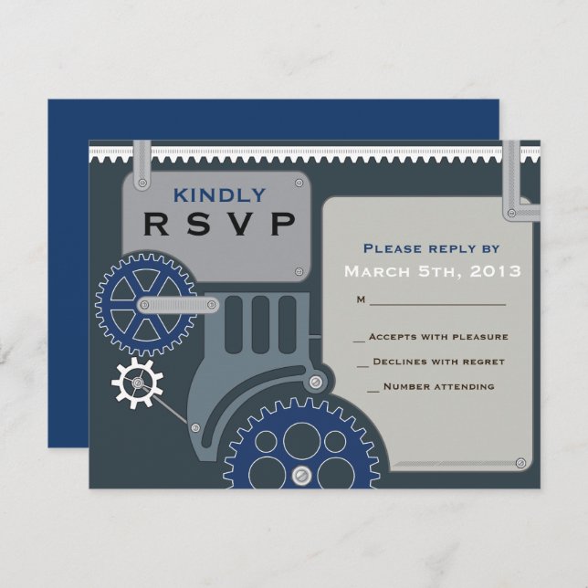 Carte de réponse GEARS Bar Bat mitzvah Invitation  (Devant / Derrière)