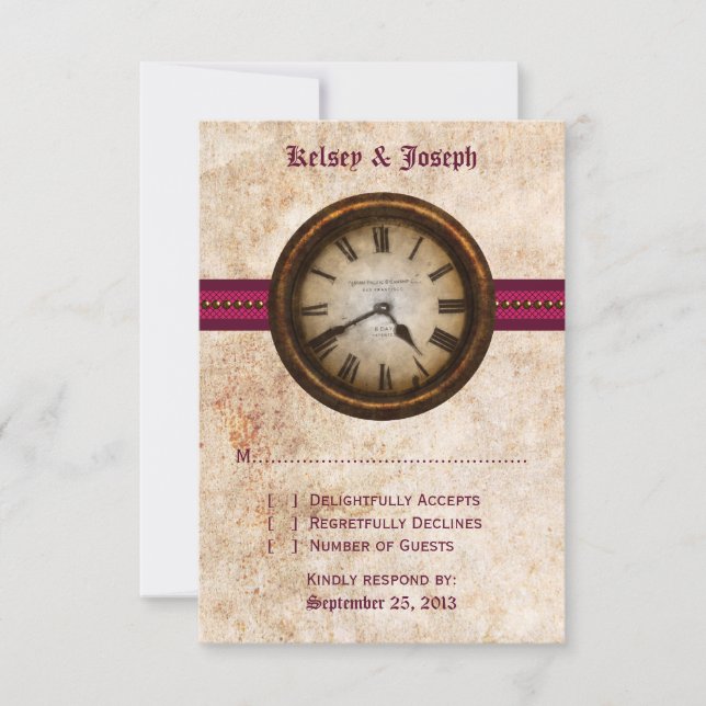 Carte de réponse Horloge Ancienne, Fuchsia (Devant)