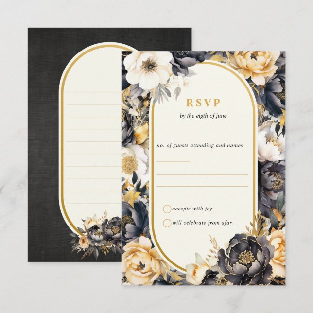 Carte de réponse Mariage Black & Gold Floral Board (Devant / Derrière)