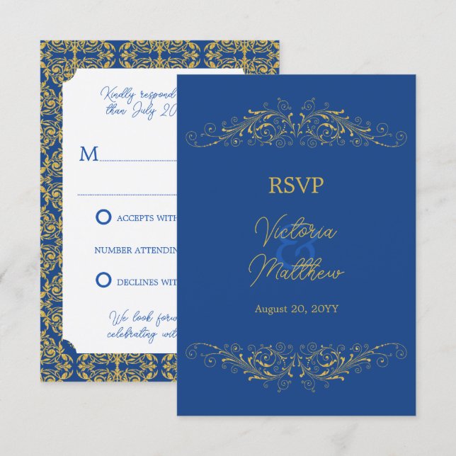 Carte de réponse mariage bleu et or Damassé avec f (Devant / Derrière)