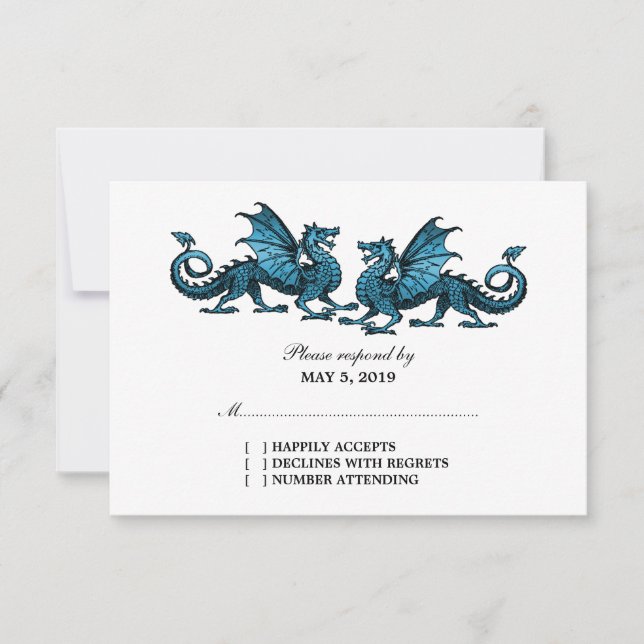 Carte de réponse Mariage Blue Elegant Dragons (Devant)