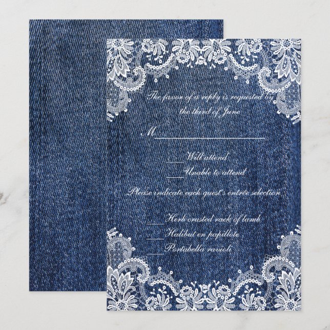 Carte De Réponse Mariage Blue Jean Denim Et Lace (Devant / Derrière)
