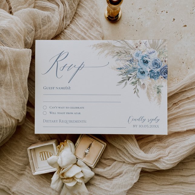 Carte de réponse mariage Bohème herbe de Pampas bl (Dusty Blue Pampas Grass Boho Wedding RSVP Reply Card)