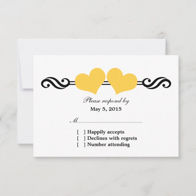 Carte de réponse Mariage Coeurs Élégants, Jaune (Devant)
