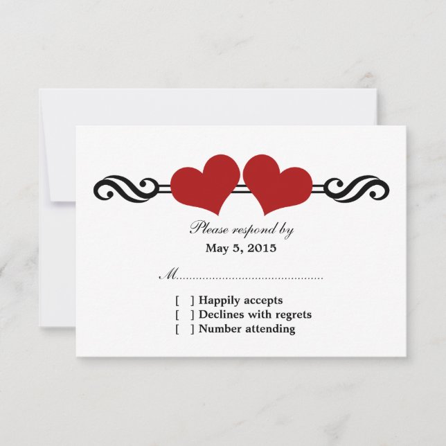 Carte de réponse Mariage Coeurs Élégants, Rouge (Devant)