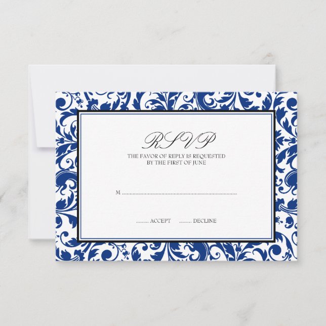 Carte de réponse Mariage damassé Blue and Black Sw (Devant)
