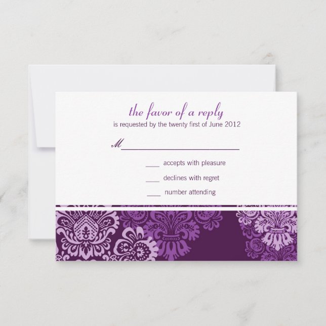 Carte de réponse Mariage damassé d'aubergine pourp (Devant)