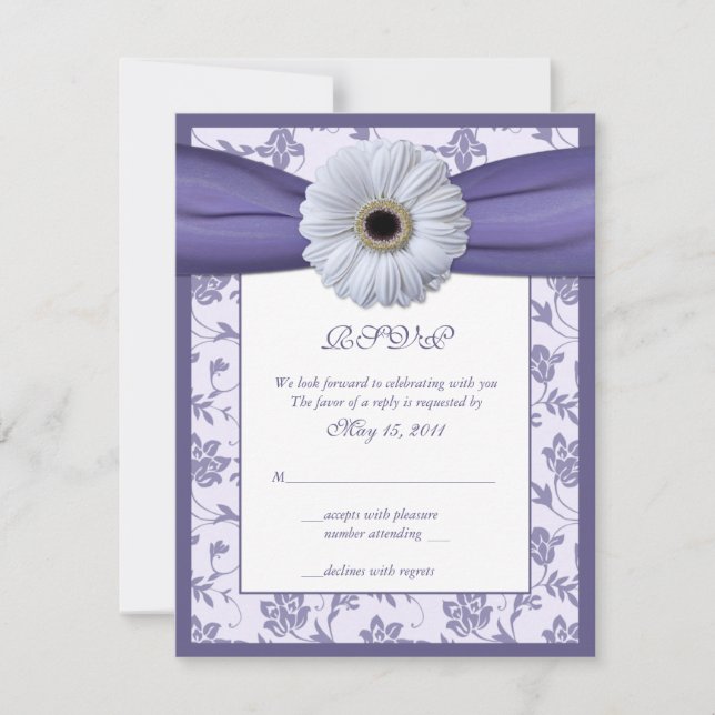 Carte de réponse Mariage damassé Florale violet bl (Devant)