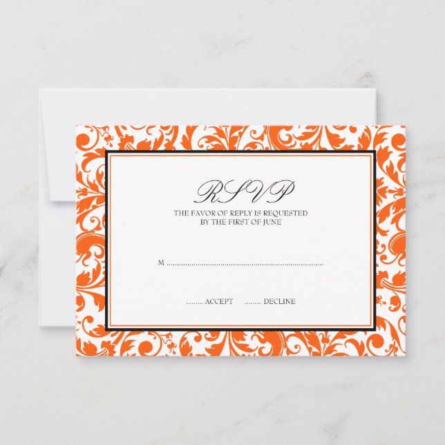 Carte de réponse Mariage damassé Orange Black Swir (Devant)