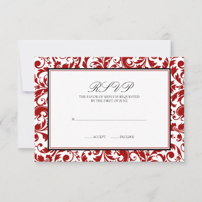 Carte de réponse Mariage damassé Red et Black Swir (Devant)