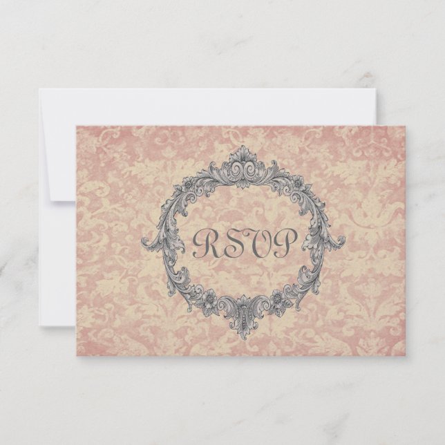 Carte de réponse Mariage Ecru et Peach Damask RSVP (Devant)